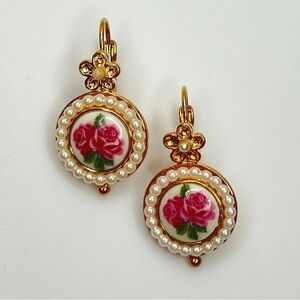 Vintage Gold Floral Dangle Earrings Porcelain Gold Earrings Statement Jewelry